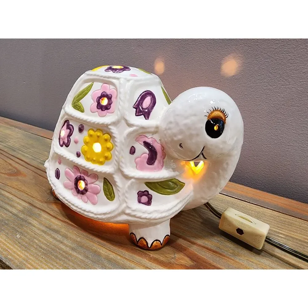 Vintage Ceramic Turtle Lamp Night Light With Flowers